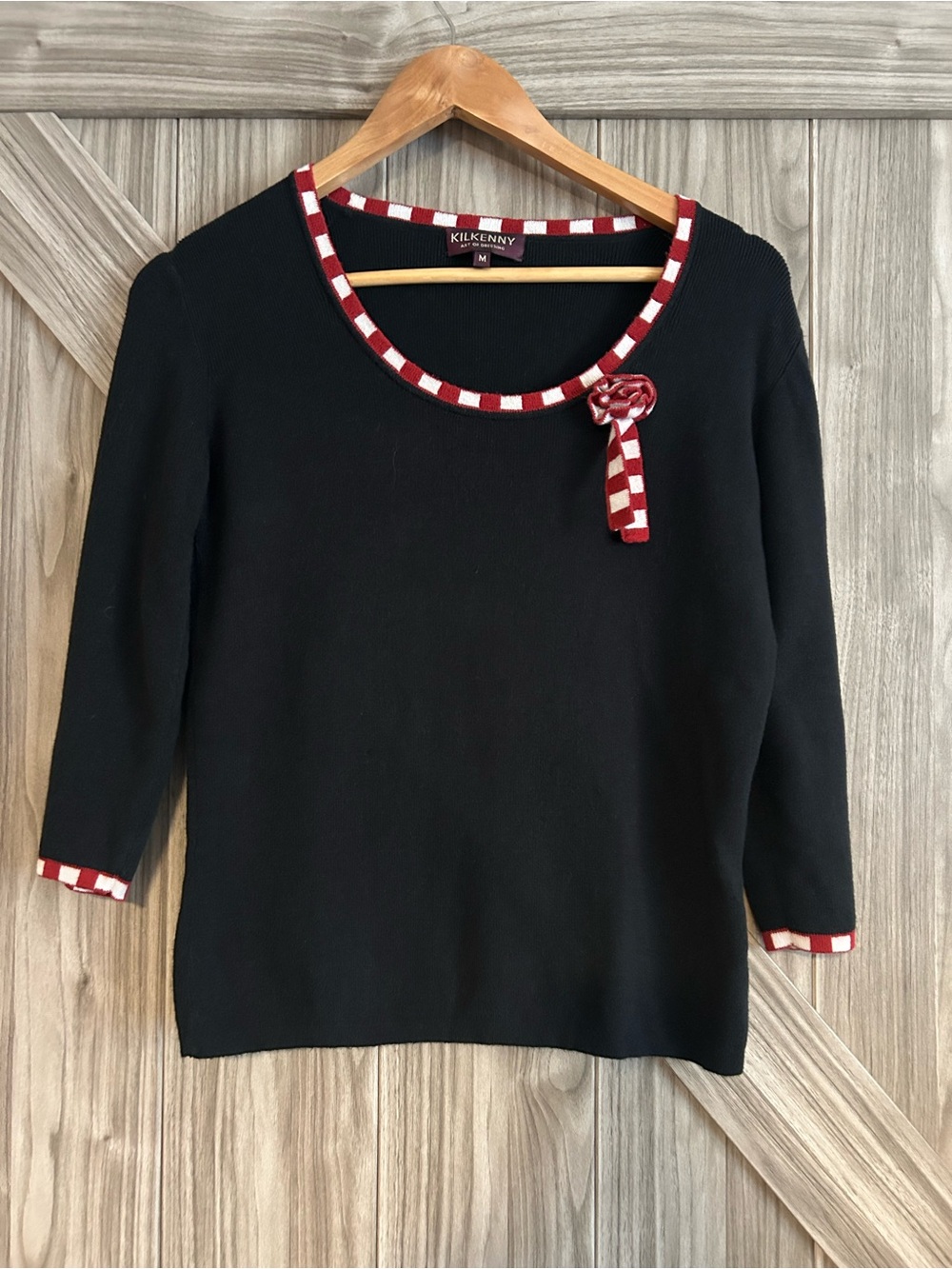 Kilkenny Black 100% Cotton Sweater with Red & White Candy Cane Trim – Medium